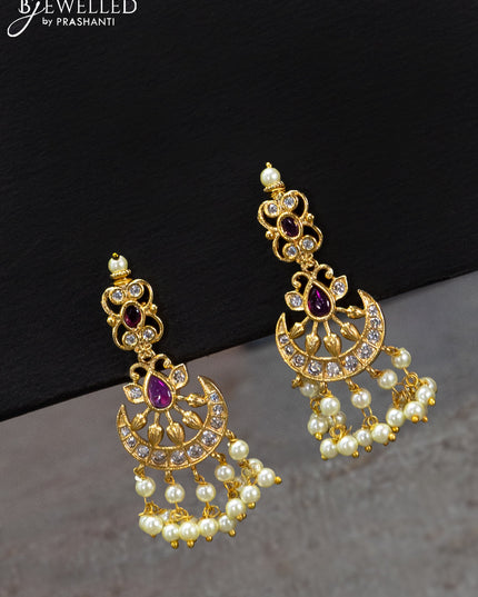 Antique haaram chandbali design with pink kemp & cz stones and pearl hangings