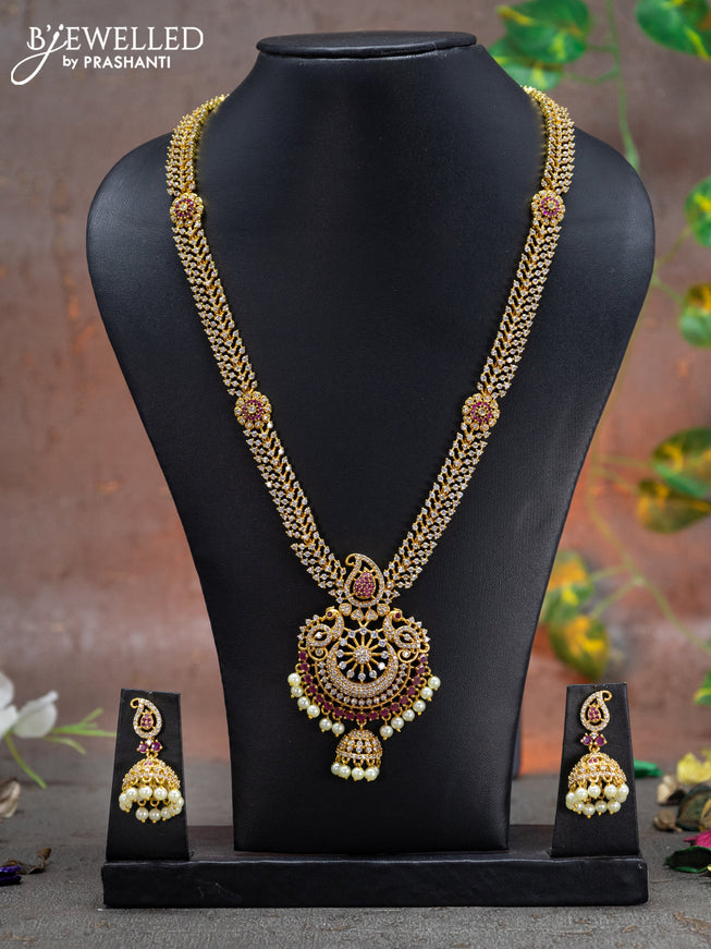 Antique haaram peacock design with pink kemp & cz stones and pearl hangings