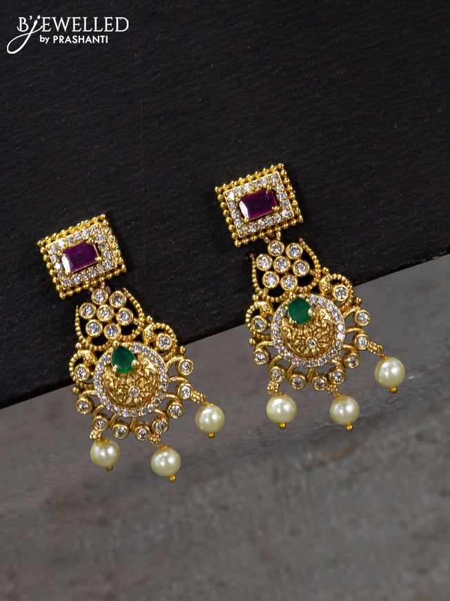 Antique haaram peacock design with pink kemp & cz stones and pearl hangings