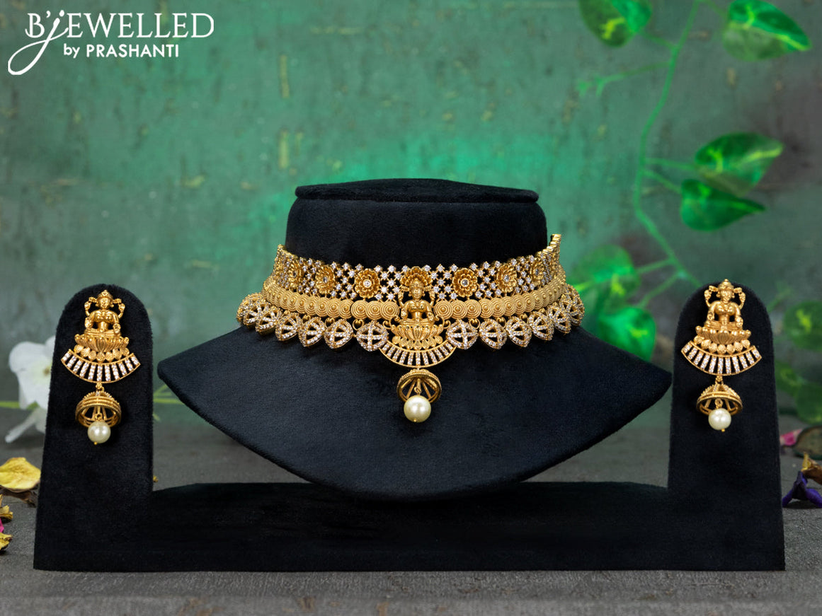 Antique choker lakshmi design with kemp stone and pearl hangings