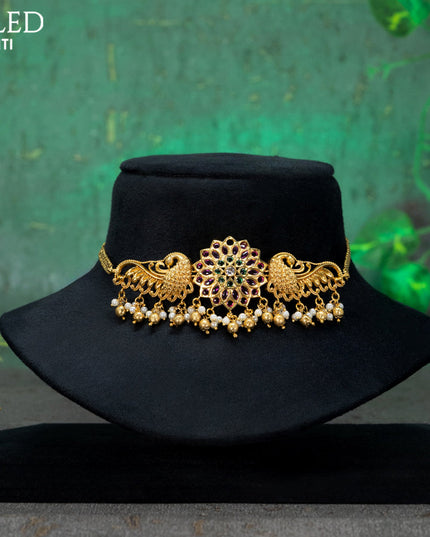 Antique choker peacock design with kemp & cz stones and golden beads hangings
