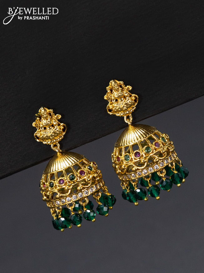 Antique jhumka lakshmi design with kemp & cz stones and green beads hangings
