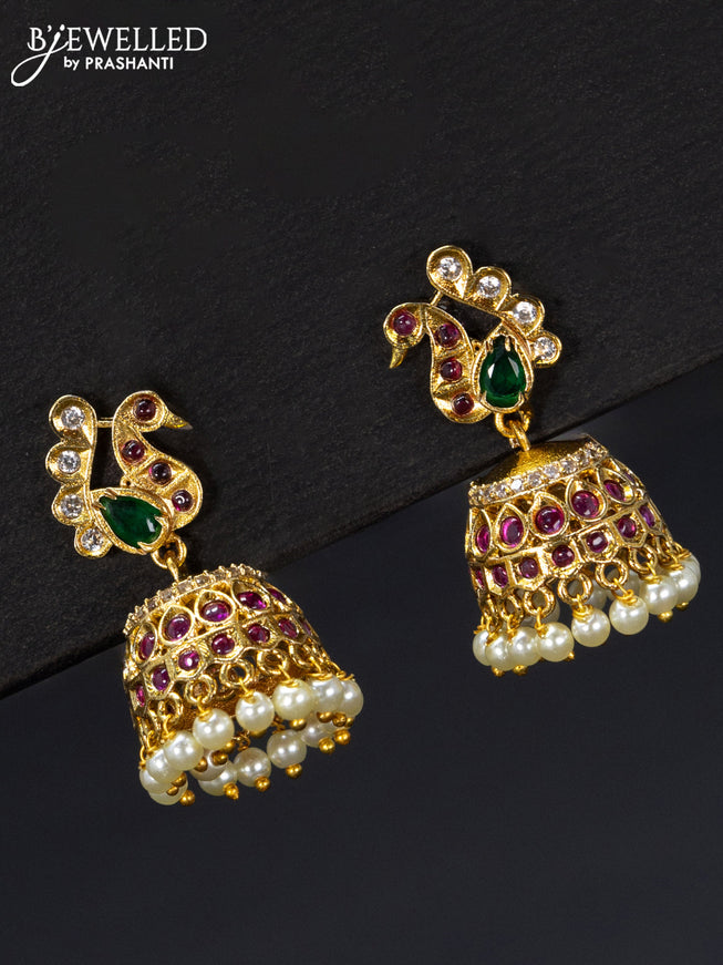 Antique jhumka peacock design with kemp & cz stones and pearl hangings