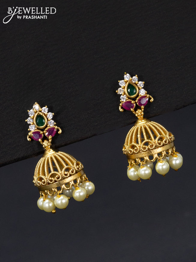 Antique jhumka with pink kemp & cz stones and pearl hangings