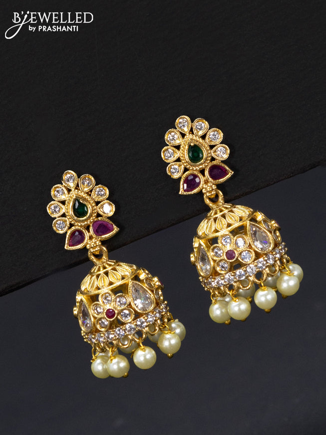 Antique jhumka with pink kemp & cz stones and pearl hangings