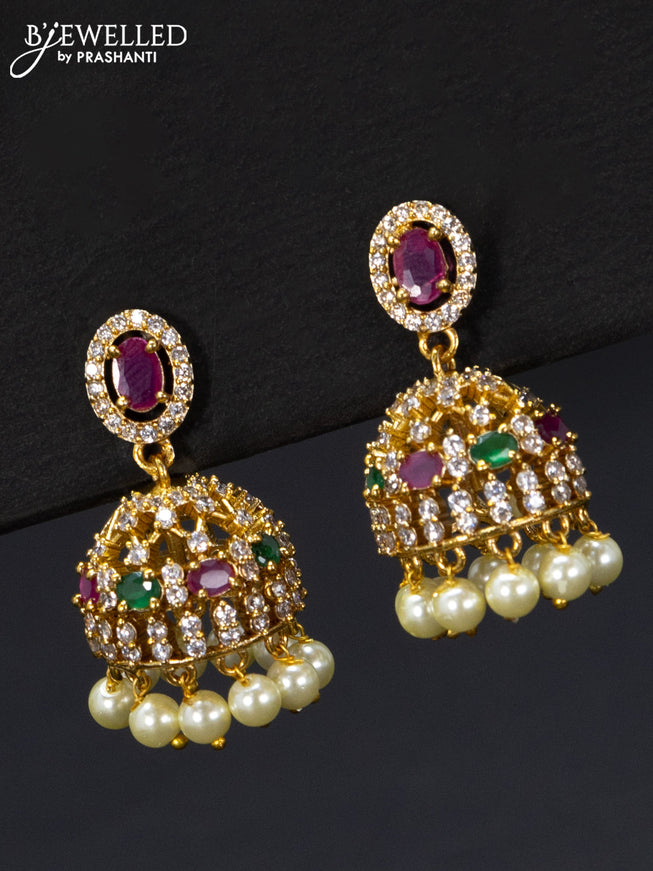 Antique jhumka floral design with pink kemp & cz stones and pearl hangings