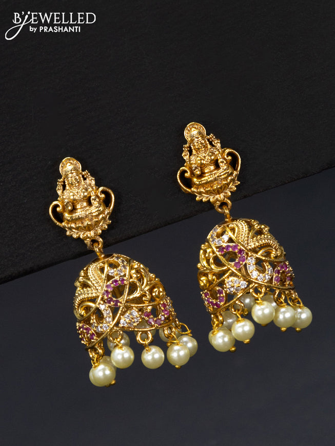 Antique jhumka lakshmi design with pink kemp & cz stones and pearl hangings