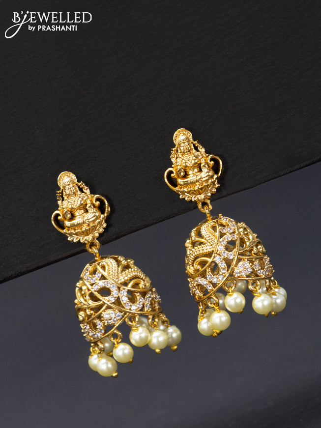 Antique jhumka lakshmi design with cz stones and pearl hangings