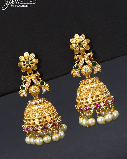 Antique jhumka peacock & floral design with kemp & cz stones and pearl hangings