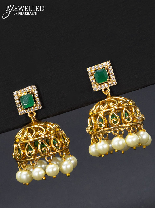 Antique jhumka with green kemp & cz stones and pearl hangings