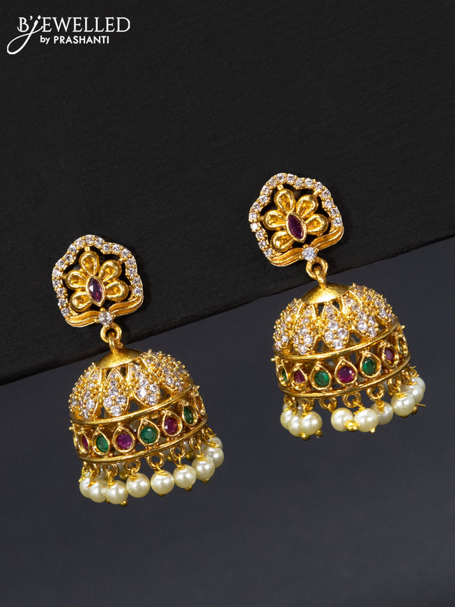 Antique jhumka floral design with kemp & cz stones and pearl hangings