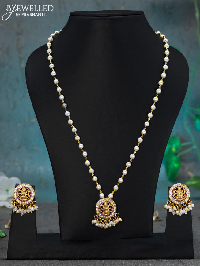 Pearl necklace pink kemp and cz stones with lakshmi pendant and pearl hangings
