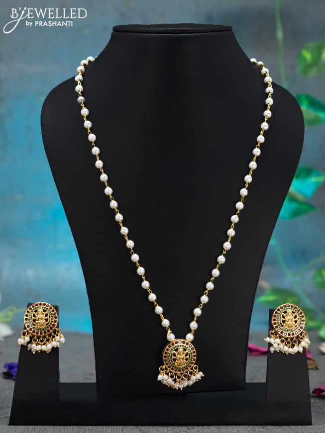 Pearl necklace kemp and cz stones with lakshmi pendant and pearl hangings