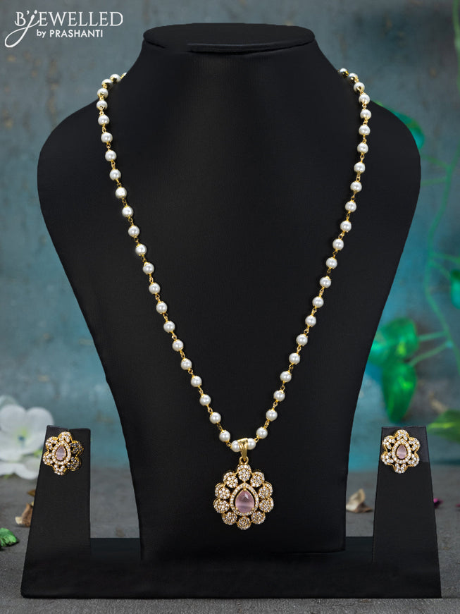Pearl necklace baby pink and cz stones with floral pendant