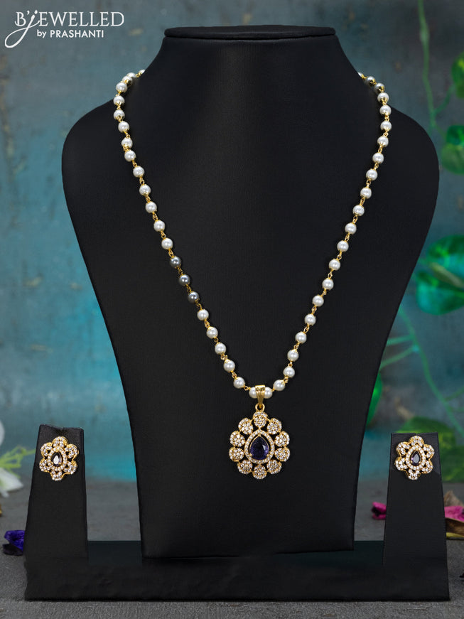 Pearl necklace violet and cz stones with floral pendant