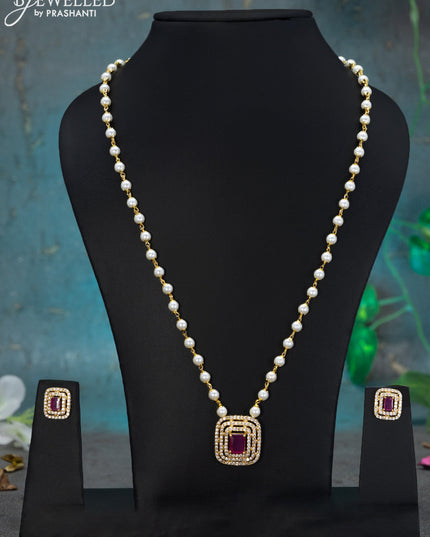 Pearl necklace with pink kemp and cz stones