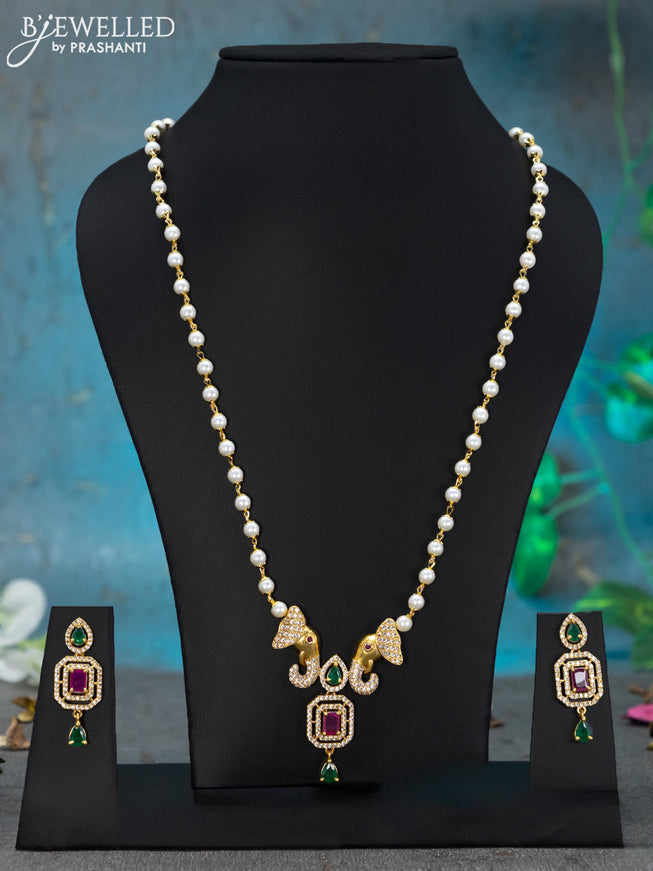 Pearl necklace kemp and cz stones with elephant pendant and hangings