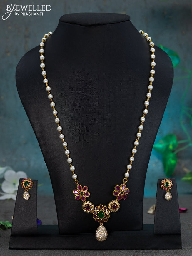 Pearl necklace kemp and cz stones with floral pendant and hangings