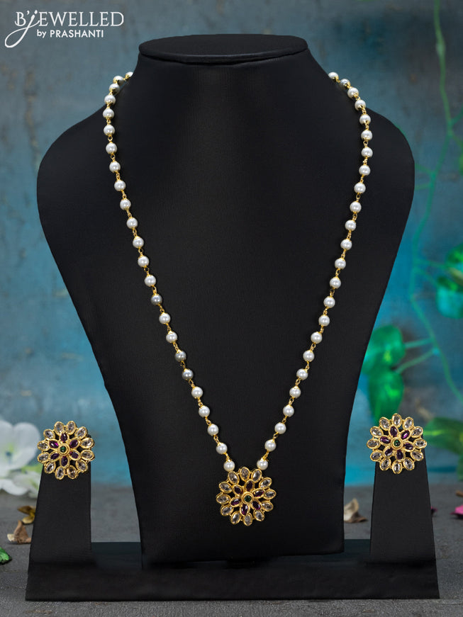 Pearl necklace kemp and cz stones with floral pendant