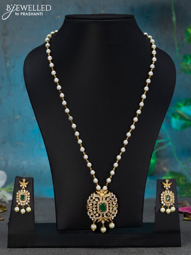Pearl necklace emerald and cz stones with pearl hangings