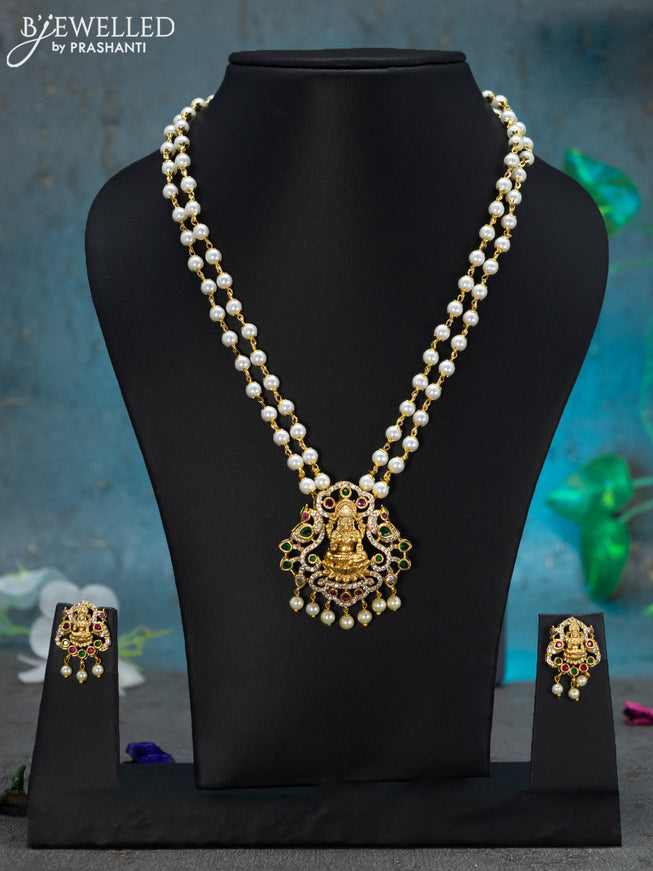 Pearl double layer necklace kemp and cz stones with lakshmi pendant and pearl hangings
