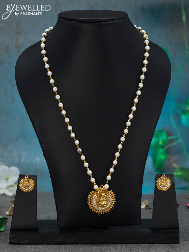 Pearl necklace pink kemp and cz stones with lakshmi pendant