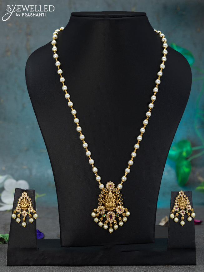 Pearl necklace pink kemp and cz stones with lakshmi pendant and pearl hangings