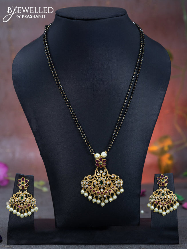 Mangalsutra double layer floral design with kemp & cz stones and pearl hangings