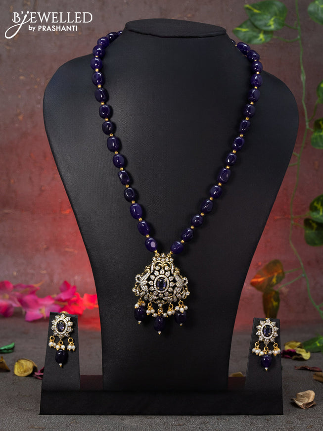 Beaded violet necklace peacock design with violet & cz stones and beads hanging in victorian finish