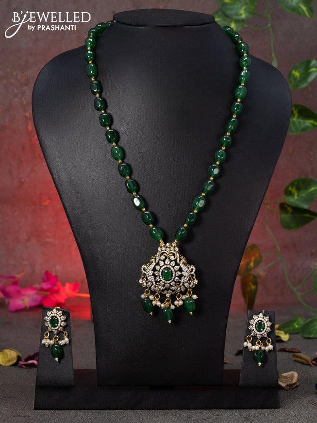 Beaded green necklace peacock design with emerald & cz stones and beads hanging in victorian finish