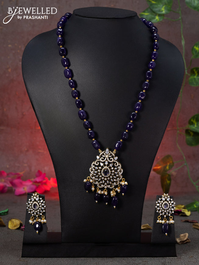 Beaded violet necklace with violet & cz stones and beads hanging in victorian finish