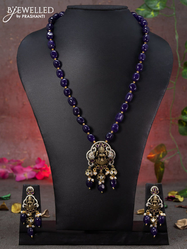 Beaded violet necklace lakshmi design with pink kemp & cz stones and beads hanging in victorian finish