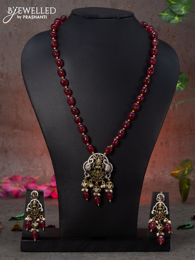 Beaded maroon necklace lakshmi design with pink kemp & cz stones and beads hanging in victorian finish