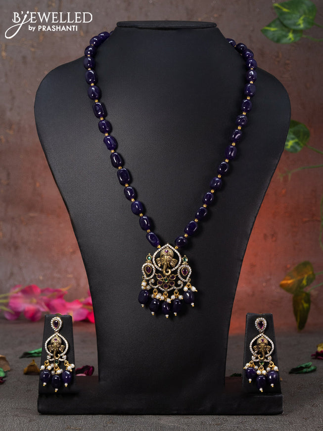 Beaded violet necklace ganasha design with kemp & cz stones and beads hanging in victorian finish