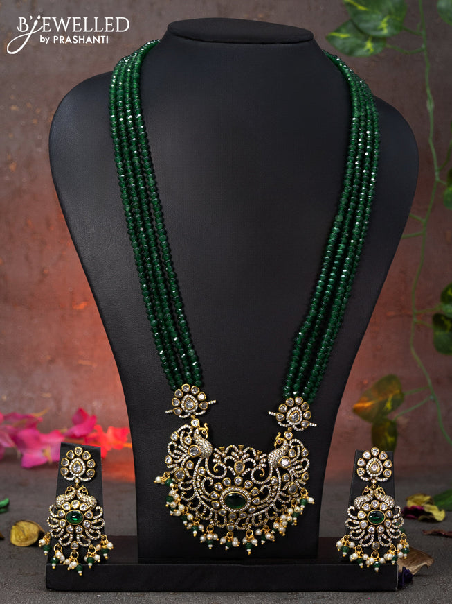 Beaded multi layer green necklace peacock design with emerald & cz stones and beads hanging in victorian finish