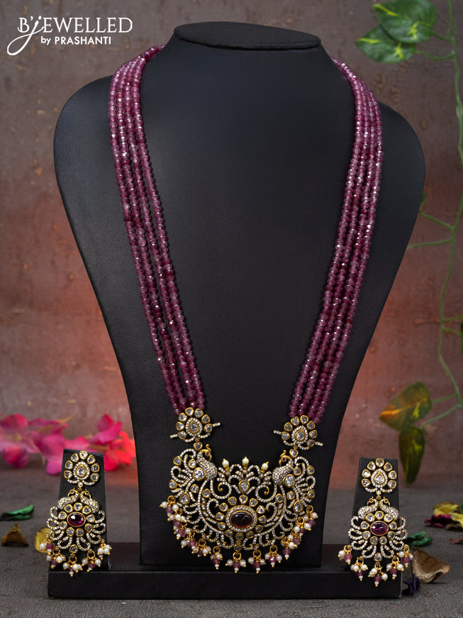 Beaded multi layer maroon necklace peacock design with ruby & cz stones and beads hanging in victorian finish