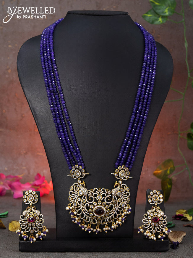 Beaded multi layer violet necklace peacock design with ruby & cz stones and beads hanging in victorian finish