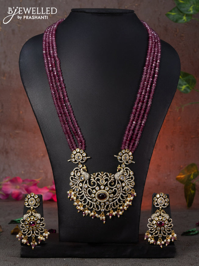 Beaded multi layer maroon necklace peacock design with ruby & cz stones and beads hanging in victorian finish
