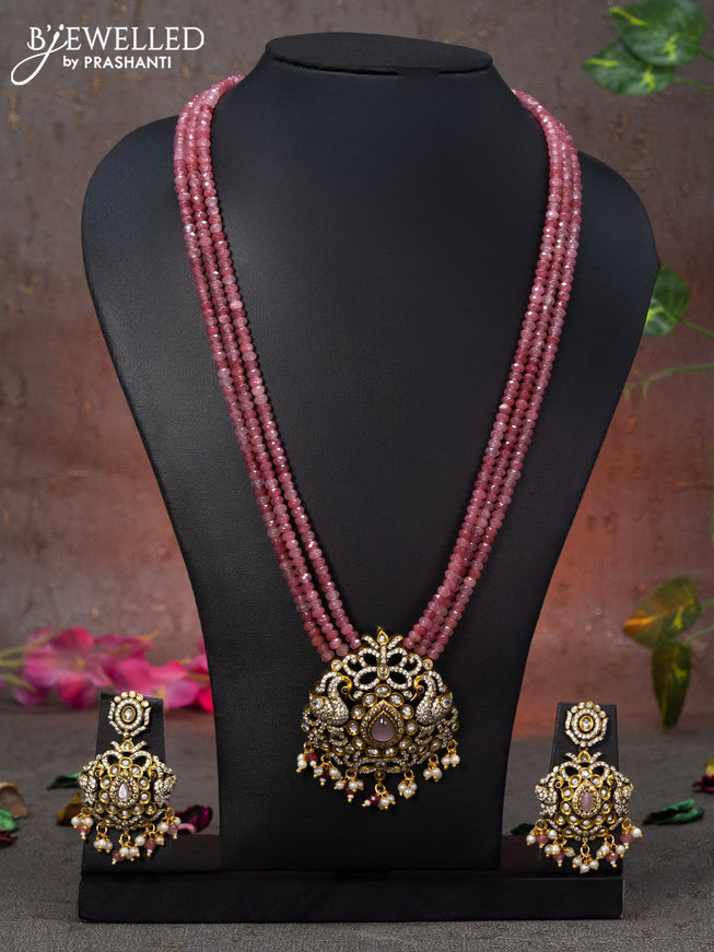 Beaded triple layer maroon necklace peacock design with baby pink & cz stones and beads hanging in victorian finish