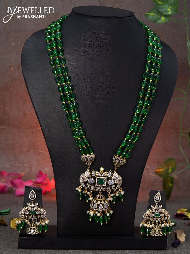 Beaded triple layer green necklace peacock design with emerald & cz stones and beads hanging in victorian finish