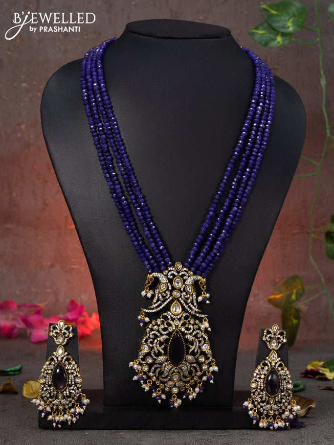 Beaded multi layer violet necklace peacock design with violet & cz stones and beads hanging in victorian finish