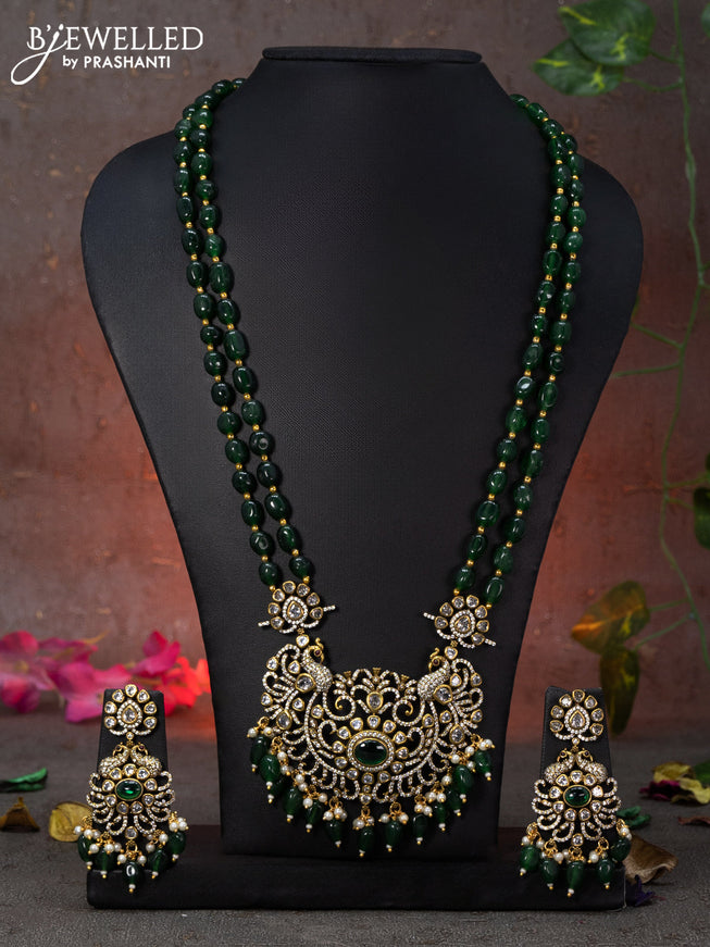 Beaded double layer green necklace peacock design with emerald & cz stones and beads hanging in victorian finish