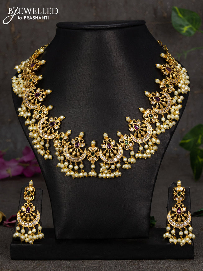 Antique necklace chandbali design with kemp & cz stones and pearl hangings