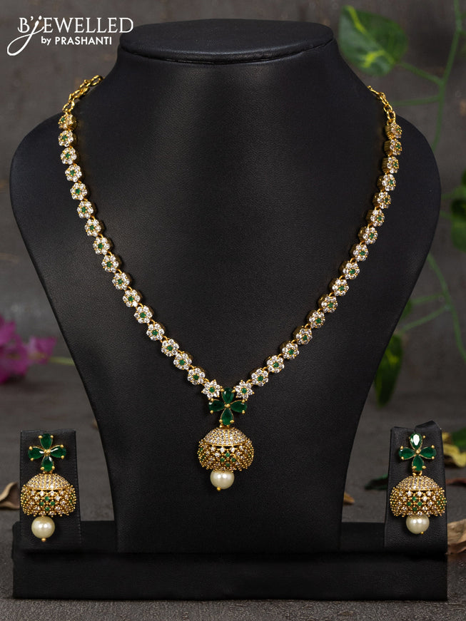 Antique necklace floral design with emerald & cz stones and pearl hanging