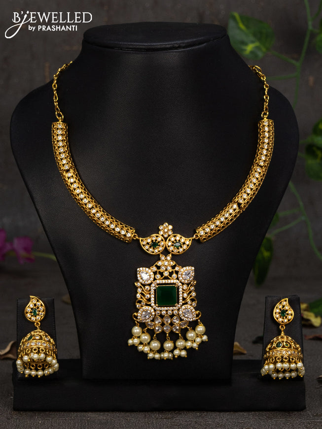Antique necklace with emerald & cz stones and pearl hangings