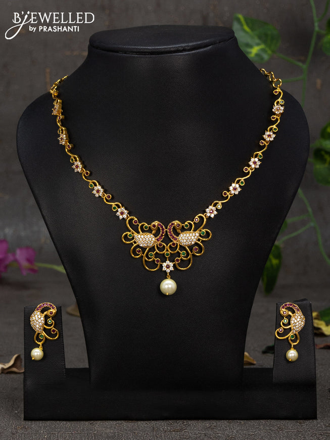 Antique necklace peacock design with kemp & cz stones and pearl hanging