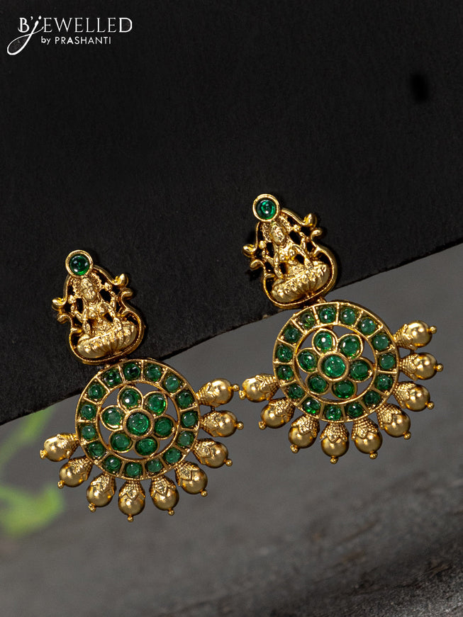 Antique earrings lakshmi design with emerald and golden beads