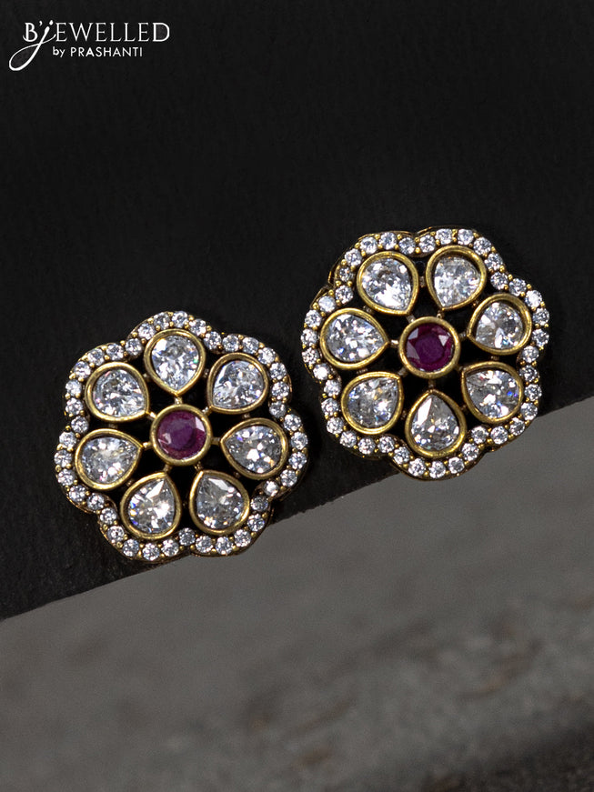 Antique earrings floral design with ruby and cz stones