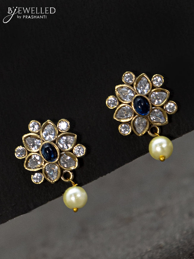 Antique earrings floral design with sapphire & cz stones and pearl hanging