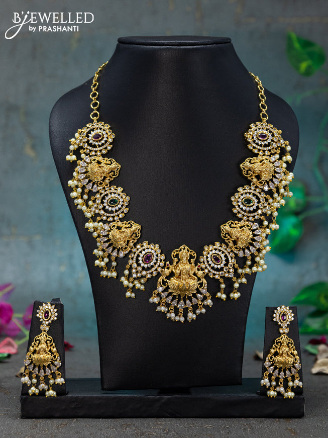 Antique guttapusalu necklace kemp & cz stones with lakshmi pendant and pearl hangings